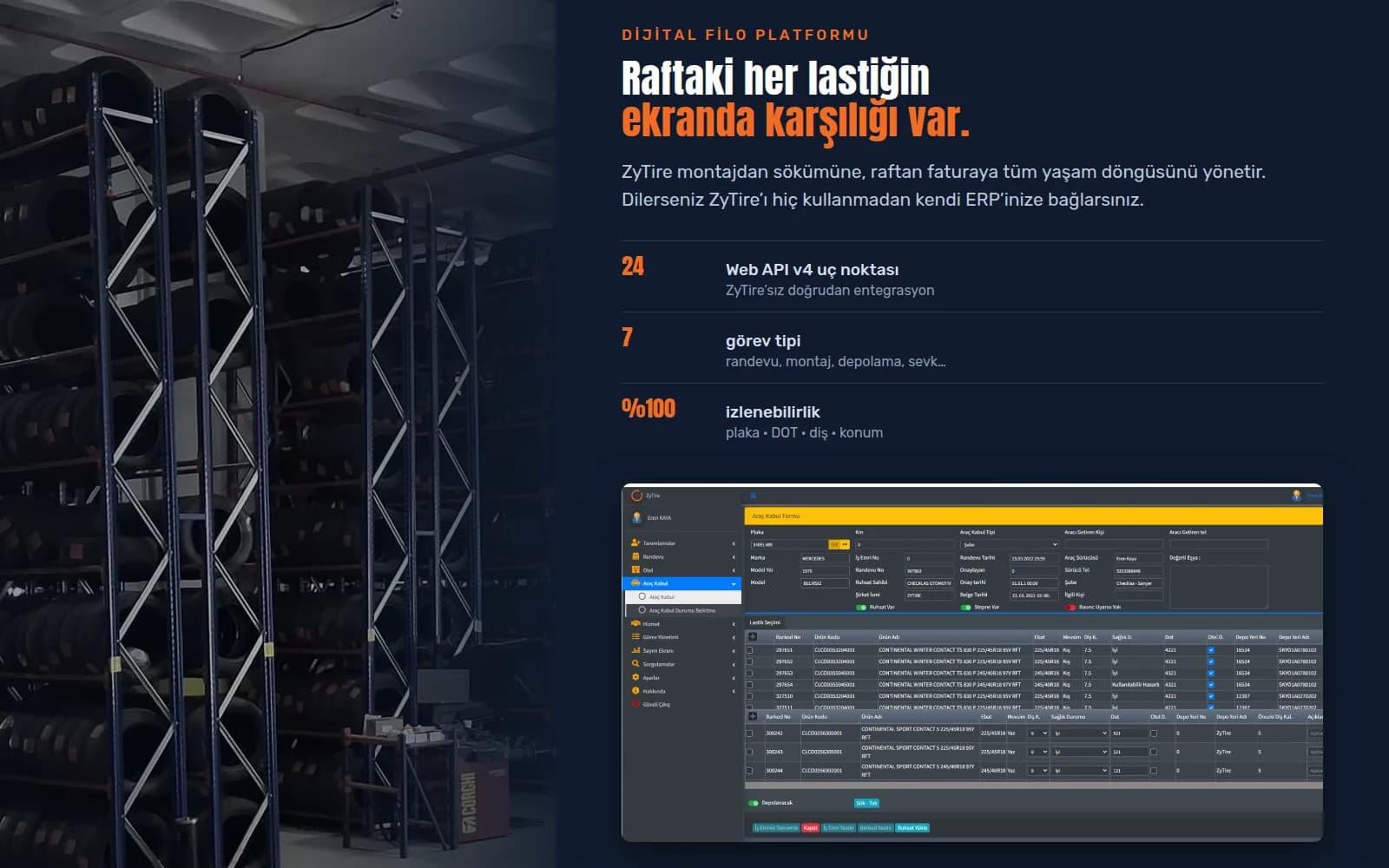 ZyTire filo lastik yönetim yazılımı ekranı ve Checklas lastik oteli rafları