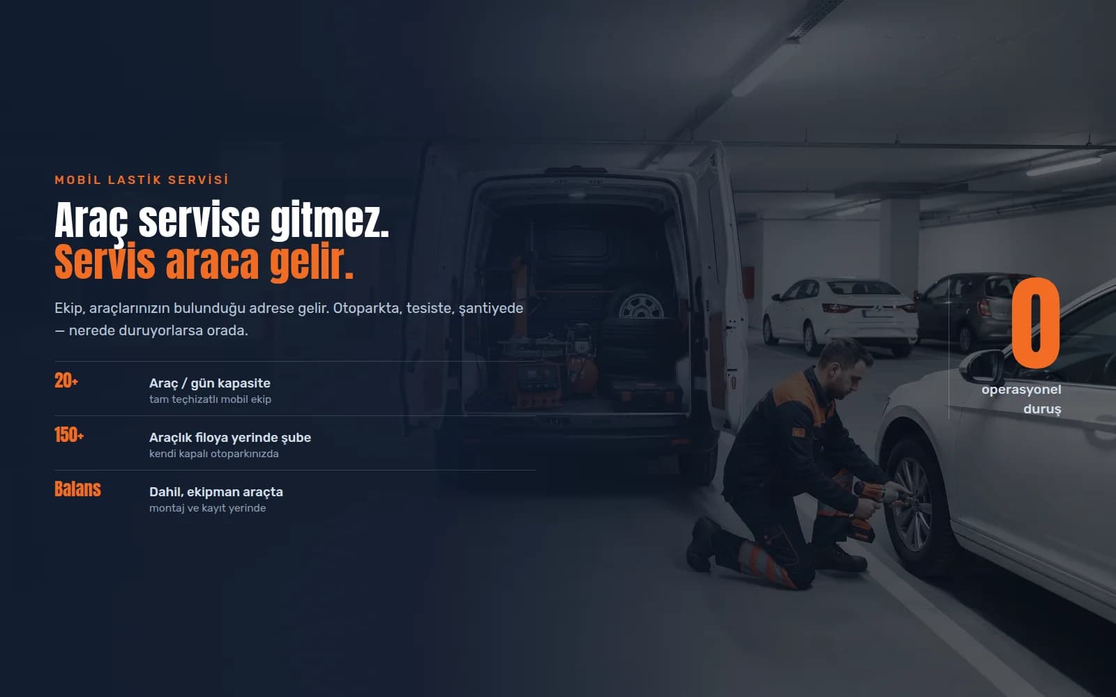 Kurumsal otoparkta mobil servis aracının yanında filo aracının lastiğini değiştiren Checklas teknisyeni